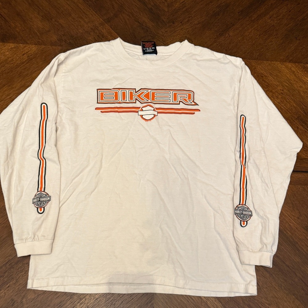 Vintage 2003 Harley Davidson Biker Long Sleeve Shirt Mens XL White Hals WI‎ Y2K